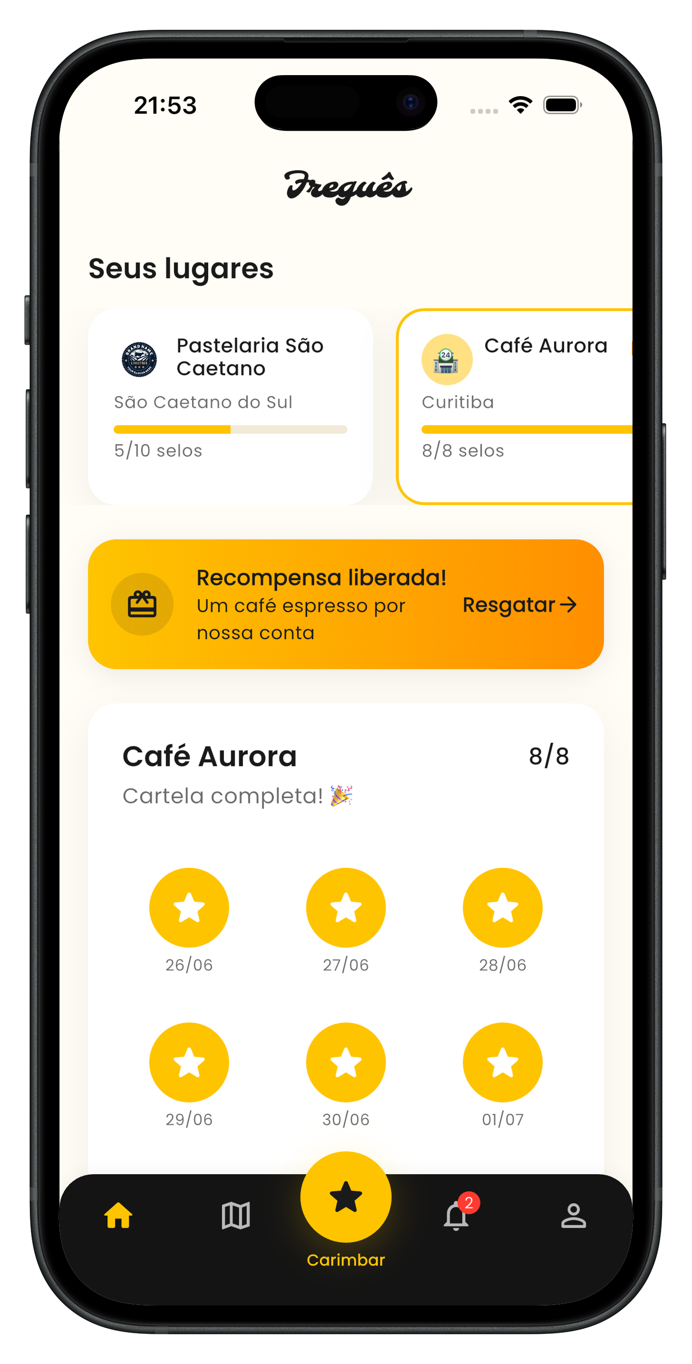 App do Freguês: cartão de fidelidade com selos e recompensa